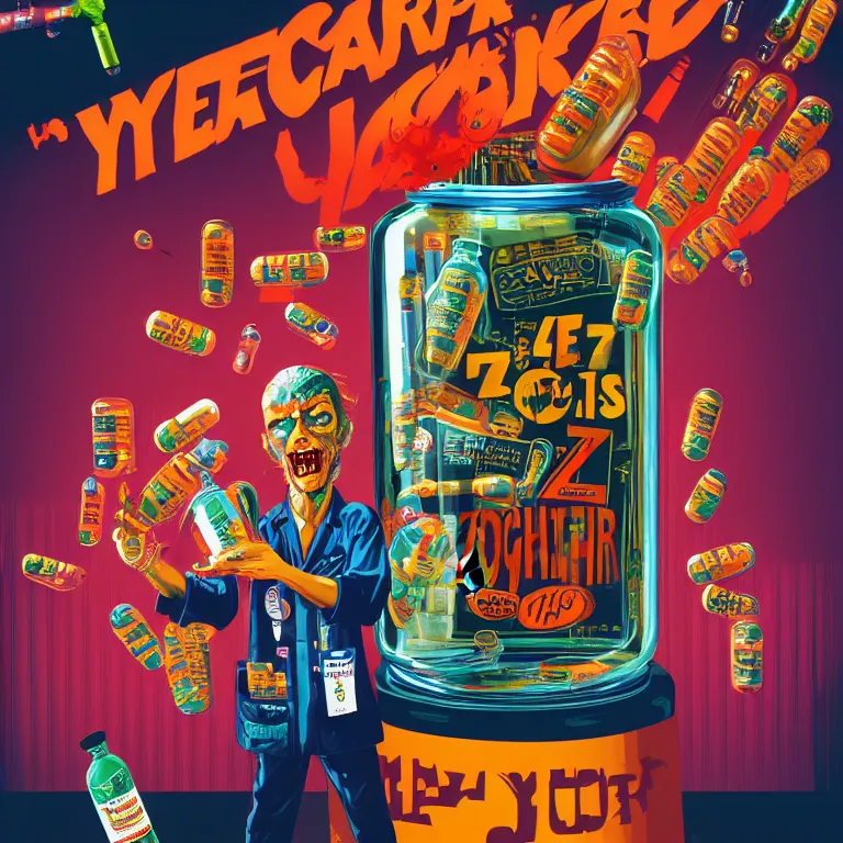 Image similar to hyperdetailed cyber fun 70's poster painting in a color style of 70's black poster art of an a crazy pharmacist zombie holding a giant jar of pills, epic scale ultrawide angle, 3D rendered, Vray rendered, octane render, unreal engine