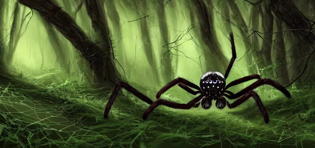 Prompt: You are walking through a dark forest, when you hear a branch snap behind you. You turn around to see a giant, hairy spider crawling towards you. It's eyes are bright green and its sharp fangs are dripping with venom. You try to run, but the spider is too fast. It jumps on you, highly detailed, digital painting, HDRI, by christopher bretz and kael ngu, vivid colors, high contrast, 8k resolution, intricate, photorealistic, smooth