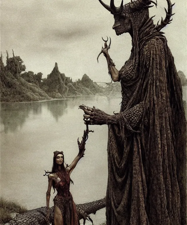 Prompt: A detailed horned crocodilewoman stands near the river. Wearing a ripped mantle, robe. Perfect faces, extremely high details, realistic, fantasy art, solo, masterpiece, art by Zdzisław Beksiński, Arthur Rackham, Dariusz Zawadzki