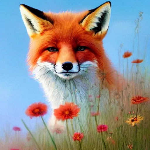 Prompt: a portrait of a cute fox in a field of beautiful flowers, by stanley lau and greg rutkowski