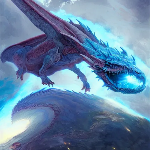 Prompt: Gigantic blue scaled dragon devouring an earth like planet while flying in space, sun system, behemoth, human dragon hybrid, nebula, oil painting, by Fernanda Suarez and Edgar Maxence and Greg Rutkowski