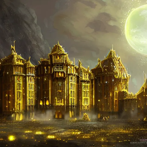 Prompt: massive palace made of yellow crystals in the moonlight, high fantasy, matte painting, dark and gloomy, concept art