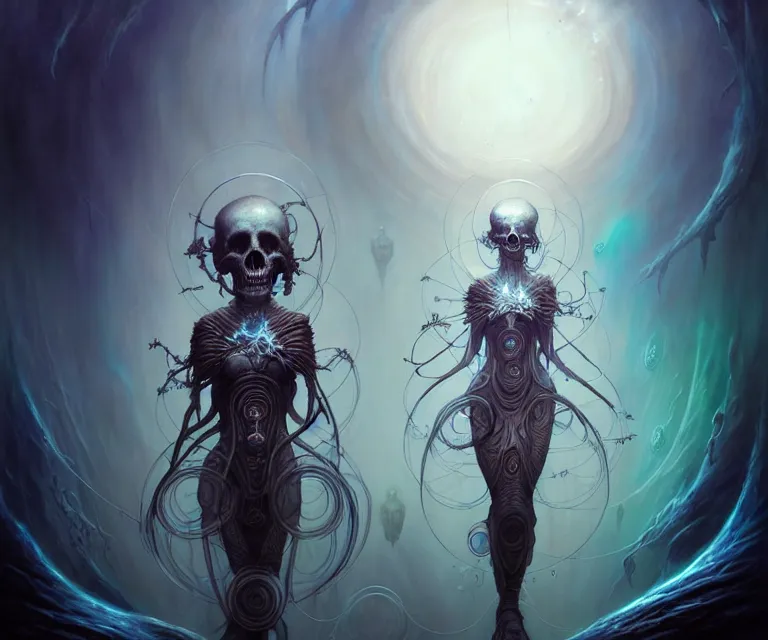 Image similar to mix media, biomecanical cyber alian of the whiched,, artwork by charlie bowater and tom bagshaw, insanely detailed, artstation, psychedelic art. atoms surrounded by skulls and spirits deep under the sea, horror, sci - fi, surrealist painting, by peter mohrbacher anato finnstark