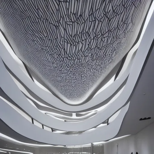 Prompt: stunning beautiful futuristic museum interior by Zaha Hadid, smooth curvilinear dragonfly wings pattern, pastel light gray dark gray, hyper real highly detailed