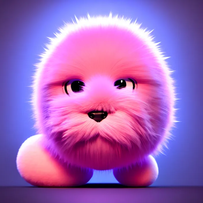 Image similar to high quality 3 d render hyperrealistic very cute big spherical creature, whiskers, plush mascot, short spiky dense fluffy smooth hair, isometric 3 d, psychedelic lighting pink fluffy fur 1 cm long, 1 5 0 mm, smooth background, artstation, ultra detailed, elegant, ultra detailed, octane render