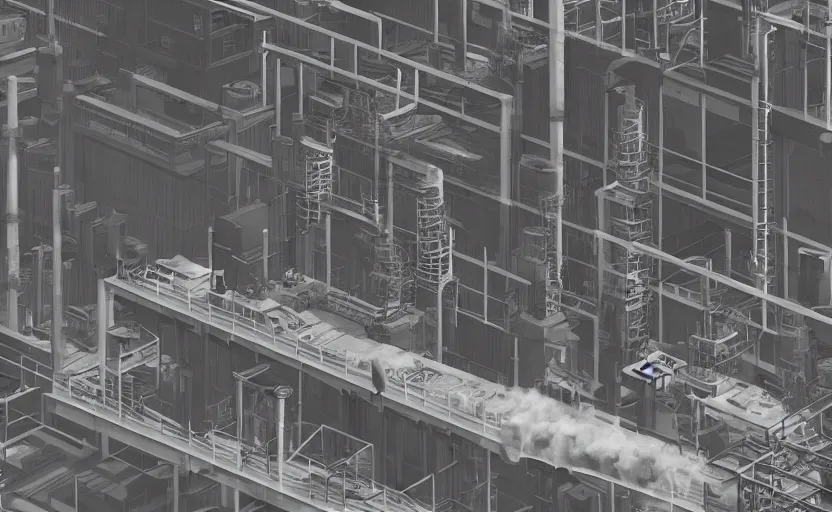 Image similar to industrial towers workers smoke photorealistic