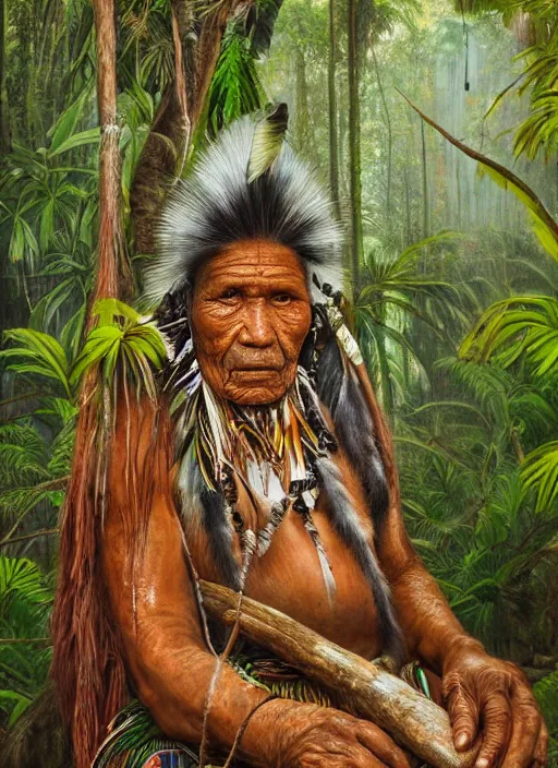 Prompt: a beautiful painting of a very old indigenous grand-father in the amazon jungle, matte painting, fantasy art, ayahuasca, highly detailed