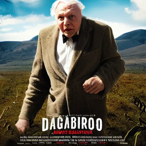 Prompt: movie poster for a movie where Sir David Attenborough discovers Bigfoot