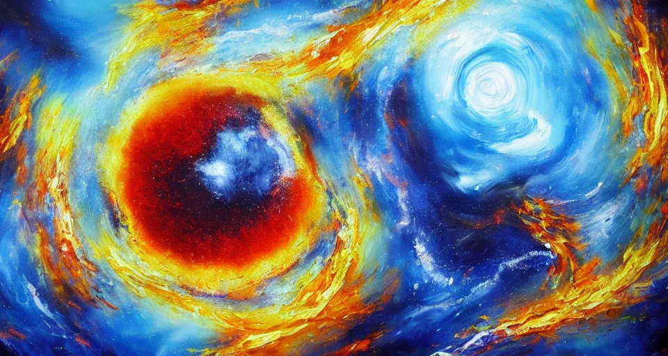 Prompt: award winning painting, planet of water crashing into a planet of fire, bright explosion