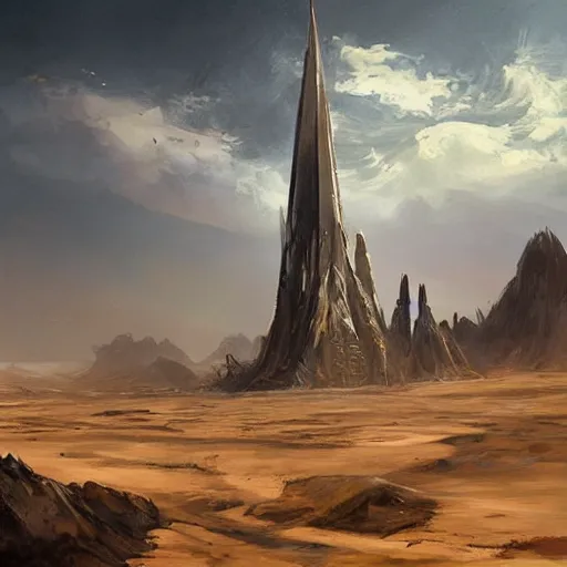 Image similar to a beautiful painting of a tall black spire jutting out of a post apocalyptic wasteland by jonathan bentley and Benjamin Sjoberg, scifi concept art, dystopian, desolate desert.