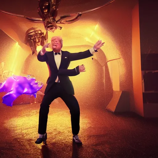 Prompt: Donald Trump flossing fornite dance, fullbody, ultra high detailed, glowing lights, oil painting, unreal 5, DAZ, hyperrealistic, octane render, RPG portrait, dynamic lighting, fantasy art