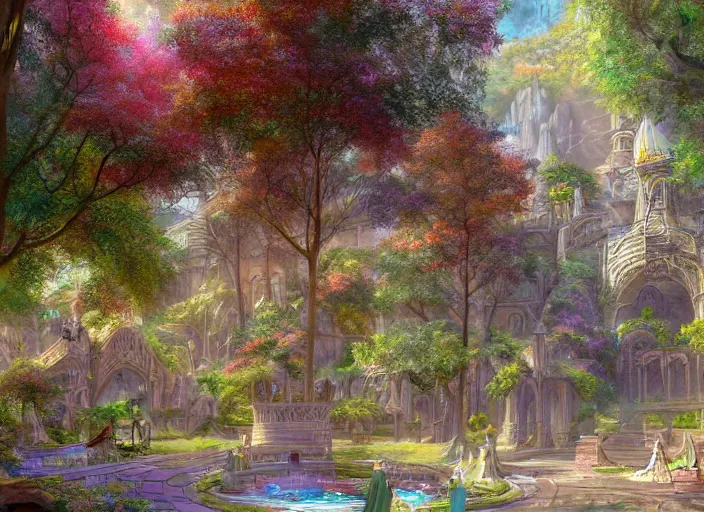 Prompt: A wide open courtyard in a beautiful, colorful elven city made of ivory, saturated colors, no haze, anime, lush trees, fountain, a fantasy digital painting by James Gurney, trending on Artstation, highly detailed
