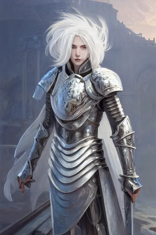 Image similar to portrait white hair knights of Zodiac boy, Sliver ice color reflected armor, in ruined Agora of Athens Sunrise, ssci-fi and fantasy, intricate and very very beautiful and elegant, highly detailed, Frostbite Engine, digital painting, artstation, concept art, smooth and sharp focus, illustration, art by tian zi and WLOP and alphonse mucha