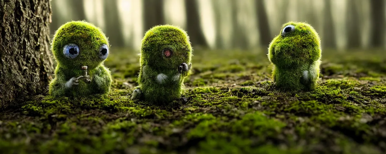 Image similar to tiny cute mossy forest creatures by bobby chiu, at sunset, macro photography, goro fujita, cute, adorable, cinematic