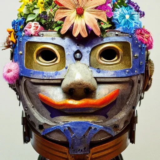 Image similar to a humanoid robot wearing a mask made of flowers, by annie swynnerton and diego rivera and tino rodriguez, symbolist, dramatic lighting, elaborate geometric ornament, art brut, soft cool colors, smooth, sharp focus, extremely detailed, adolf wolfli