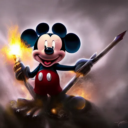 Prompt: Mickey mouse as a dark souls boss by Marc Adamus