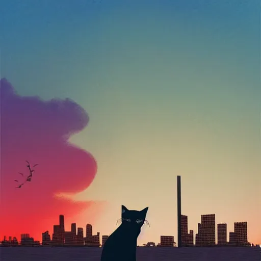 Image similar to cat watching post apocalyptic city with burning red sky