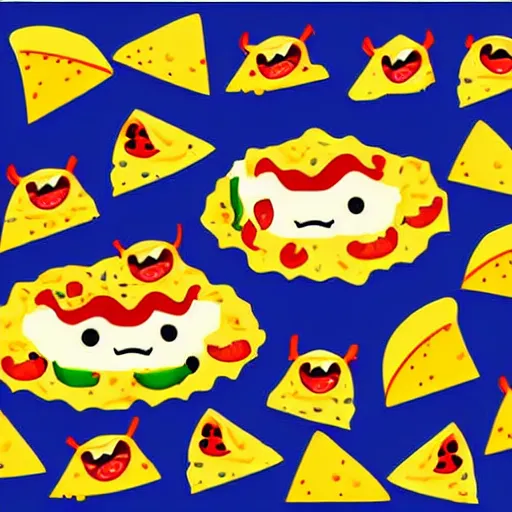 Prompt: cute adobe illustration nachos with cheese and jalapeno illustrations, white background, drawing, cartoon, in the style of shyama golden