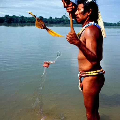 Prompt: Portrait of an Amazon indigenous tribe leader finding a plastic bottle at the shore of the Amazon River, 1980s photography