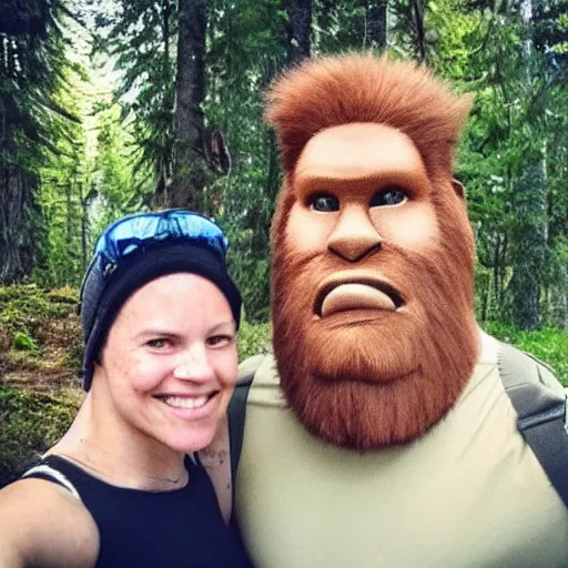 Image similar to a sasquatch and a human pose for a picture together, instagram post, selfie, well - lit