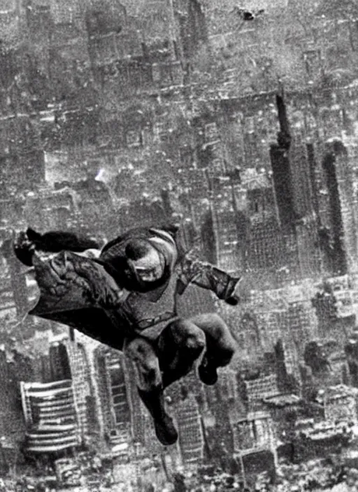 Prompt: “Close-up of very old and tired and bald Superman flying over destroyed city. Newspaper photo.”