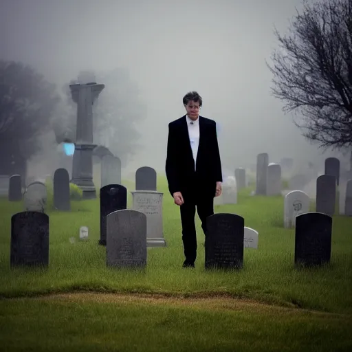 Image similar to A photo of a man in a black suit visiting a grave at the cemetery, grey weather