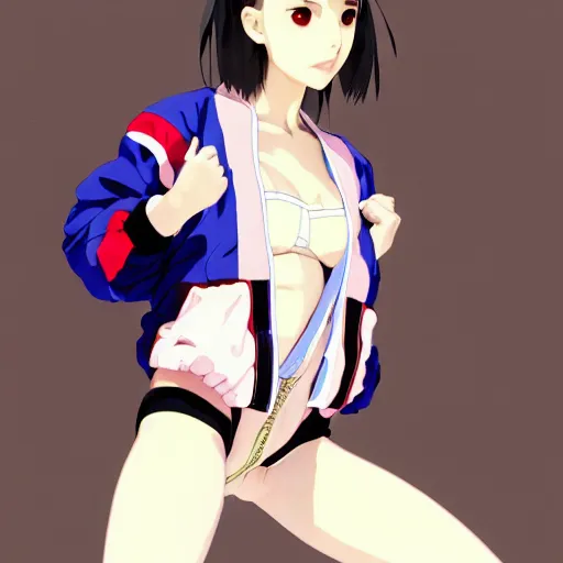 Image similar to a beautiful japanese natalie portman gravure model, wearing oversized native designer bomber jacket and leotard with overalls, bulky poofy bomber jacket with mesoamerican patterns, mesoamerican native street fashion, gapmoe yandere grimdark, trending on pixiv fanbox, painted by greg rutkowski makoto shinkai takashi takeuchi studio ghibli, akihiko yoshida