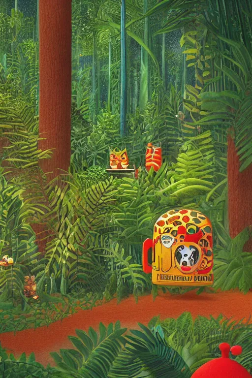 Image similar to night jungle, forest, stars, highly detailed, unreal engine render concept art, style of henri rousseau and richard scarry and hiroshi yoshida