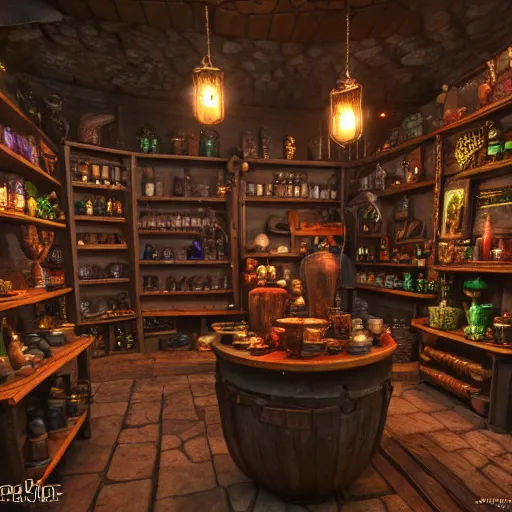 Prompt: inside a magical item shop, fantasy potion vendor interior, dark art, gothic interior, small details, 8K, octane render, unreal engine