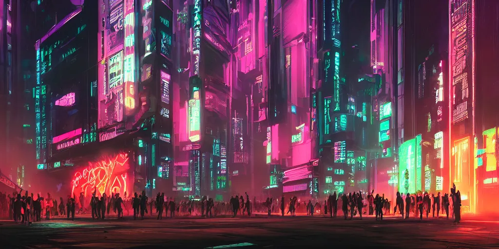 Image similar to a group of people standing outside of a building, cyberpunk art by liam wong, cgsociety, retrofuturism, glowing neon, neon, matte painting