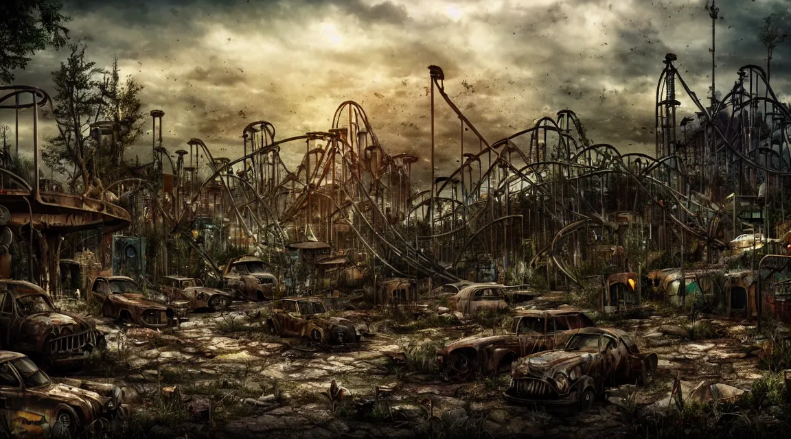 Image similar to post apocalyptic theme park park, trending on artstation, photorealistic, wilderness ambiance, ultra detailed, high definition, depth of field, bokeh, rubble, wild vegetation, building crumbling,