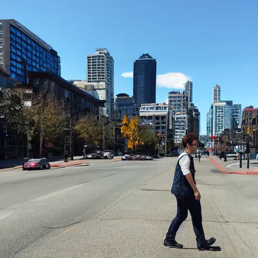 Image similar to yoshi walking down the streets of seattle, sunlight, sunny day, full shot