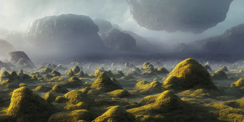 Prompt: A landscape of an alien planet stretching as far as the eye can see, with misty rolling hills on bizarre floating rock formations, vigorous misty mountains, and rainy thunderclouds, raining, landscape photography, landscape imagery, landscape perspective, trending on artstation, artstationHD, artstationHQ, 4k, 8k, yellow color scheme.