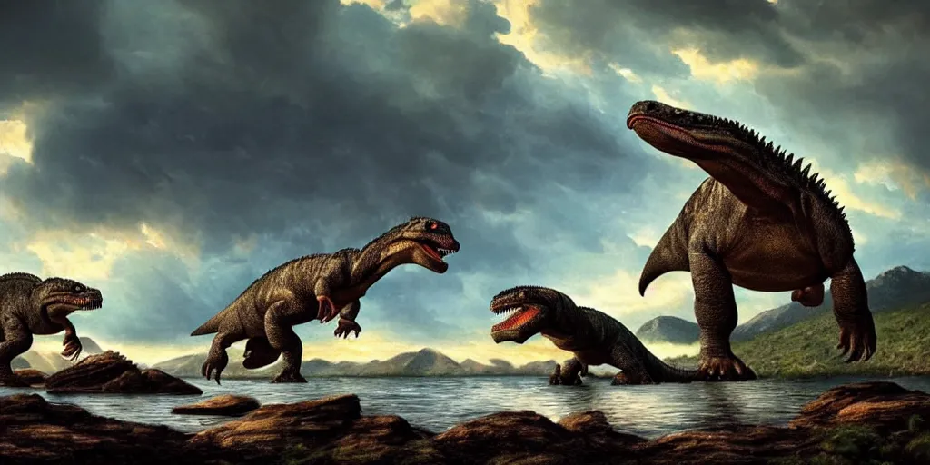 Prompt: amazing prehistoric landscape photo of tyrannosaurus and komodo fighting beside the lake, beautiful dramatic lighting