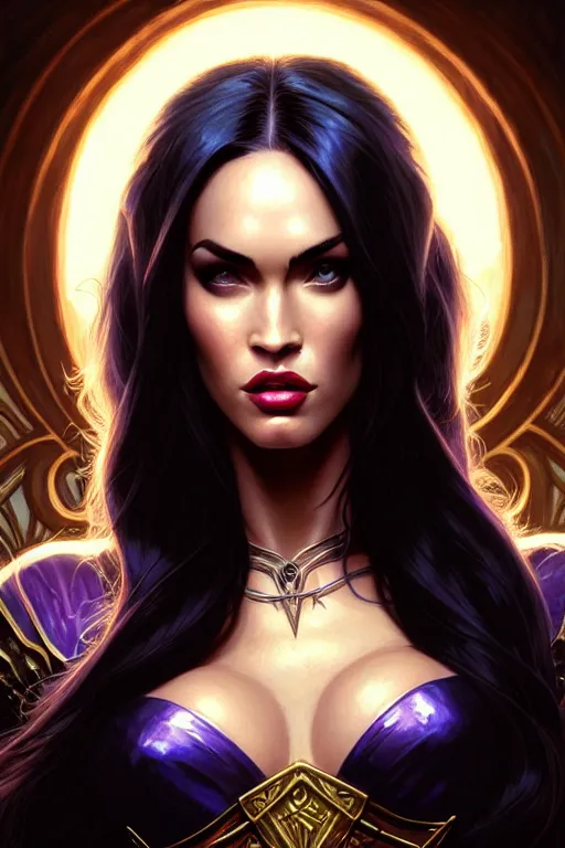 Image similar to portrait of megan fox as liliana vess, magic the gathering, intricate, headshot, highly detailed, digital painting, artstation, concept art, sharp focus, cinematic lighting, illustration, art by artgerm and greg rutkowski, alphonse mucha, cgsociety