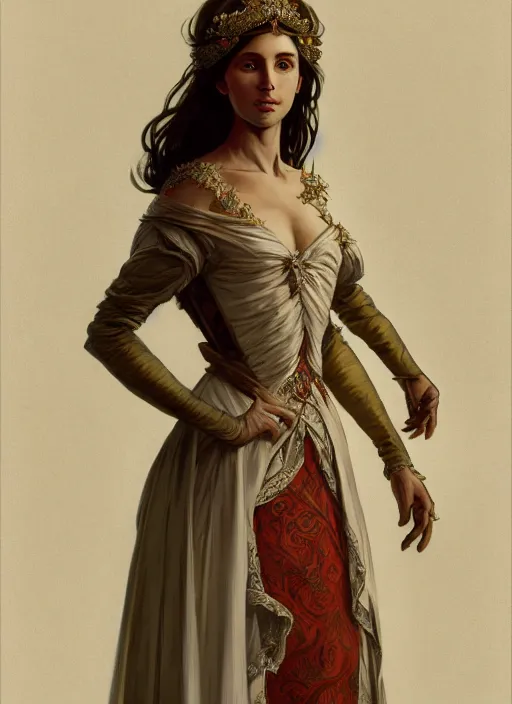 Prompt: portrait of a full body of young beautiful female princess, d & d, baroque dress, elegant, flat lighting, intricate, highly detailed, digital painting, artstation, concept art, smooth, sharp focus, illustration, art by simon bisley and greg rutkowski and alphonse mucha, natural tpose