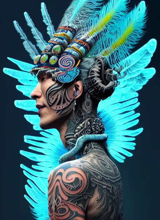 Image similar to 3 d shaman with tattoos profile portrait, sigma 5 0 0 mm f / 5. beautiful intricate highly detailed quetzalcoatl skull and feathers. bioluminescent, plasma, frost, water, wind, creature, gradient background, thunderstorm! artwork by tooth wu and wlop and beeple and greg rutkowski, 8 k trending on artstation,