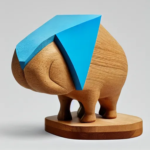 Image similar to a minimalist curvy shaped sculpture of hippopotamus!, ( ( wood ) ) and ( ( blue epoxy ) ) on top mix, cubic blocks stripes cuts, side view profile centered, studio, design, object, reddit