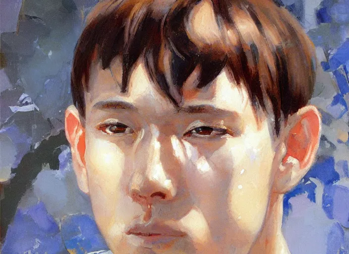 Prompt: a highly detailed beautiful portrait of shinji ikari by gregory manchess, james gurney, james jean