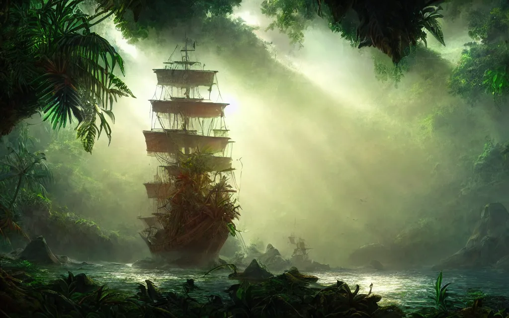 Image similar to a large pirate ship in a dense jungle, misty background, light rays, beautiful lighting, vivid colors, intricate, elegant, highly detailed digital painting, concept art, smooth, sharp focus, unreal engine, 4 k wallpaper, trending on cgsociety, trending on artstation