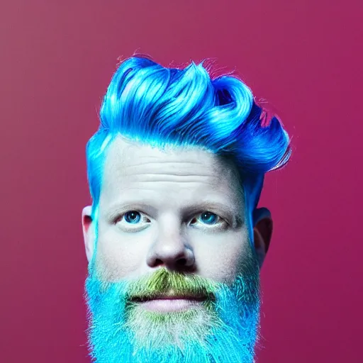 Prompt: 12MP photo of Jesse Tyler Ferguson with neon blue hair and a neon blue beard