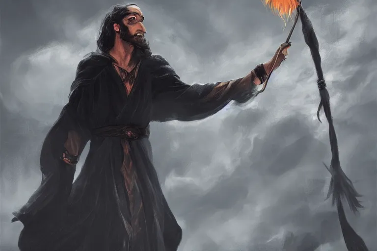 Prompt: the magician with a black robe blast a thunder spell with his staff, thunder ray, mountain, clouds, artstation