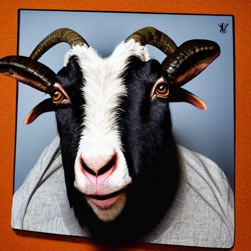 Image similar to andy milonakis as a goat, goat body, human head, anthropomorphic, 4 k, photorealistc, high details