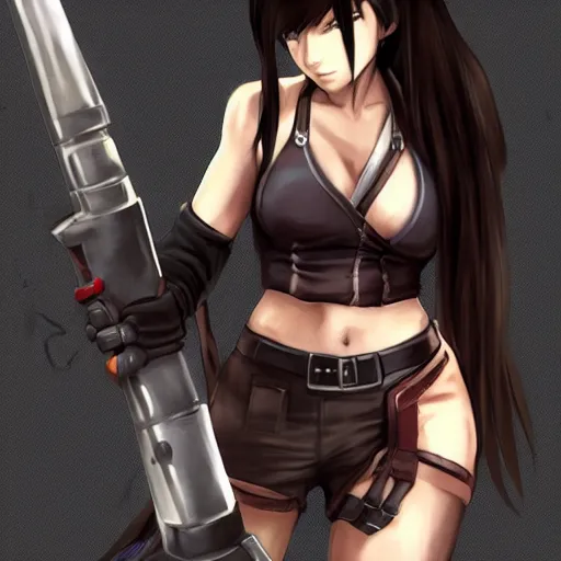 Prompt: concept art of tifa lockhart holding unusual weapon, showing face and body, trending on artstation