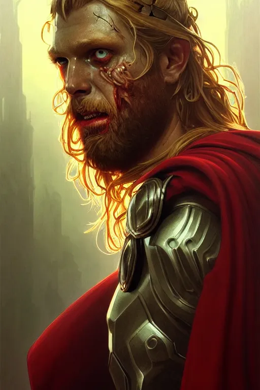 Prompt: a portrait of zombie thor, fantasy, sharp focus, intricate, elegant, digital painting, artstation, matte, highly detailed, concept art, illustration, ambient lighting, art by ilya kuvshinov, artgerm, alphonse mucha, and greg rutkowski