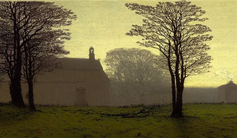 Prompt: A serene landscape with a singular building in the style of John Atkinson Grimshaw.