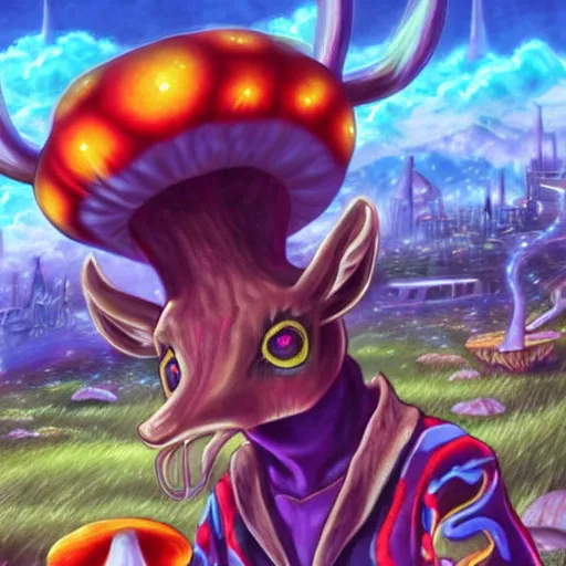 Image similar to anime 4 k headshot portrait of a psychedelic demonic anthropomorphic deer with mushroom themed clothes, magic mushroom village in background by jeff easley, award winning, stylized neon, post - processing, masterpiece, superb resolution. in the art style of junji ito and greg rutkowski. detailed mushroom city in background. hyper realistic anime. perfect art. dalle 2