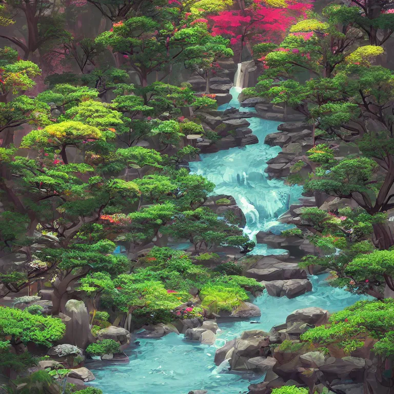 Prompt: beautiful illustration of electronic japanese gardens, trending on pixiv, artstation