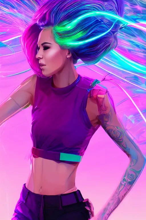 Image similar to a award winning half body portrait of a beautiful woman in a croptop and cargo pants with ombre purple pink teal hairstyle with head in motion and hair flying, surrounded by whirling illuminated lines, outrun, vaporware, shaded flat illustration, digital art, trending on artstation, highly detailed, fine detail, intricate