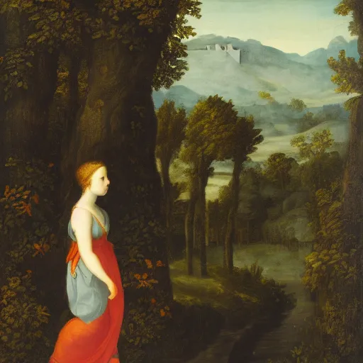 Image similar to a girl lost in a forest, castel in the background, renaissance